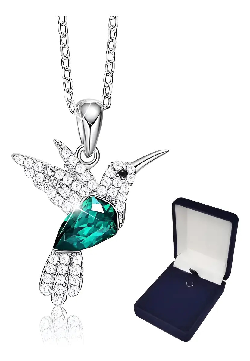Collar de Plata Fina 925 con Colibrí y Cristal para Mujer, Joyas de Regalo