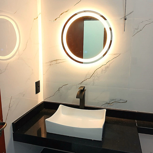 Espelho Redondo Led 50x50 Lapidado Jateado Touch Moderno Moldura Branco