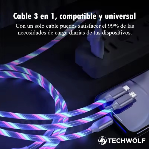 Cable De Carga 3 En 1 Con Luz Fluida Cable Usb-a A Tipo C/micro/ios Color Azul, Techwolf Cable Usb C Teléfono Móvil Con Luz Led 1.2m