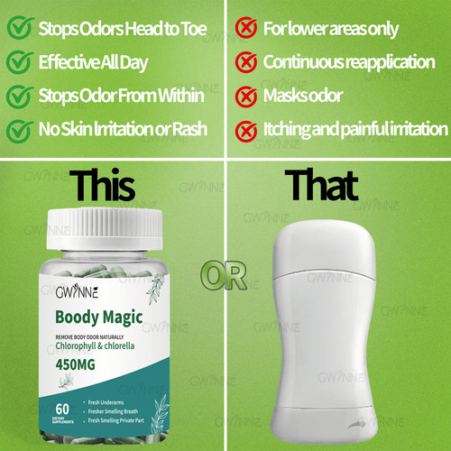 Gwynne Boody Magic Tabletas De Clorofila Natural Para El Olor Corporal Femenino Contiene 450 Mg De Clorofila Y Chlorella, Suplemento Desodorante Corporal Para Hombres Y Mujeres,60 Cápsulas