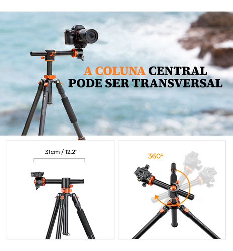 Tripé Alumínio K&f Concept 1,9m Ballhead Coluna horizontal