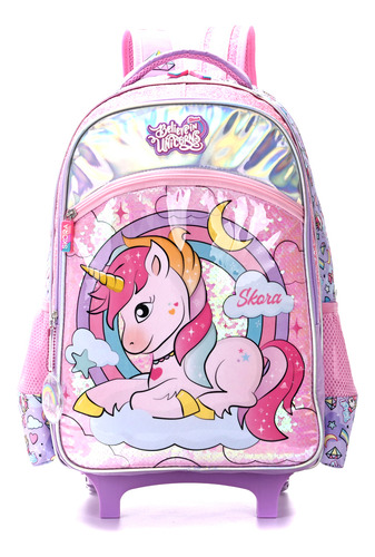 Mochila Escolar Unicornio 18, C/carrito Skora Infantil 13650 Color Lila