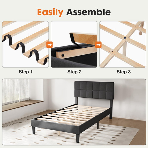 Base De Cama Individual Tapizada En Lino Con Cabecero