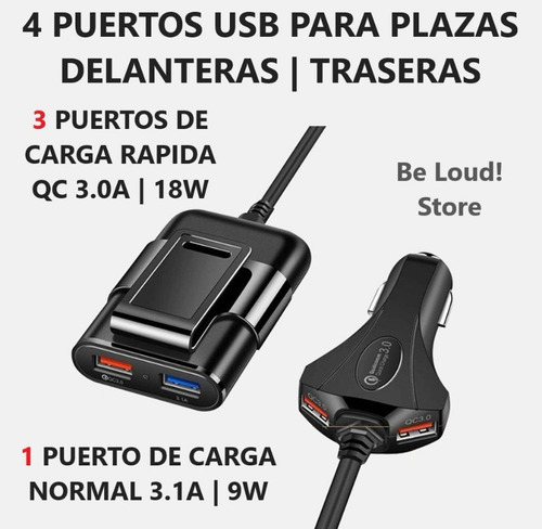 Turbo Cargador Para Auto Carga Rapida Qc 3.0 | 4 Puertos Usb