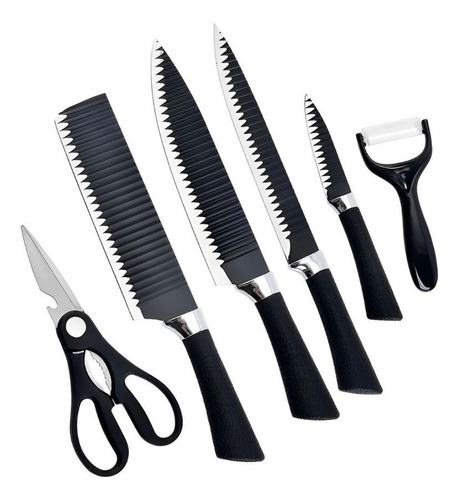 Dvcretirh kit jogo de facas churrasco/cozinha 6 peças aço inox sup afiadas cor Preto