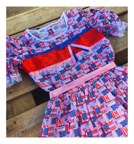 Vestido Festa Junina Infantil Estampado Com Laço Azul E Rosa
