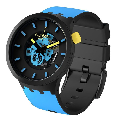 Reloj Hombre Swatch Travel By Day Sb03b108 Ss Color de la malla Azul Color del bisel Negro Color del fondo Negro