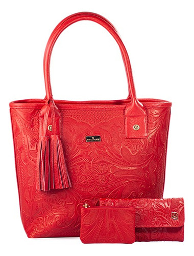 Set De Bolsa, Cartera Y Monedero, Piel Grabada 3 Piezas Color Rojo Diseño de la tela Soraya