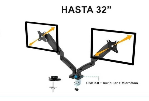 Imagen 3 de 10 de Soporte Monitor Doble Hidráulico 17a32 Usb+audio Intelaid