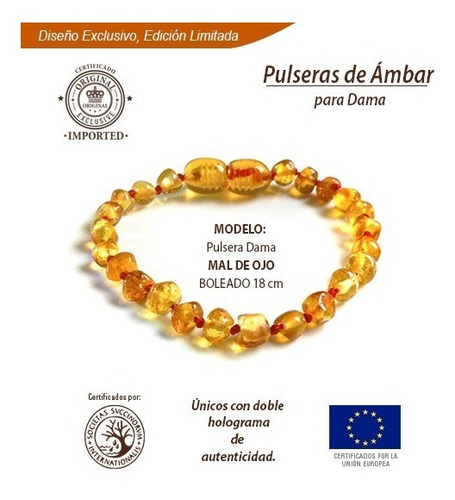 Pulsera De Ámbar Baltico Mal De Ojo 18 Cm