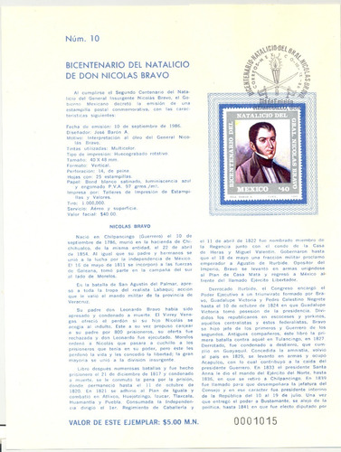 Estampilla Nicolas Bravo Independencia Carnet Primerdía 1986