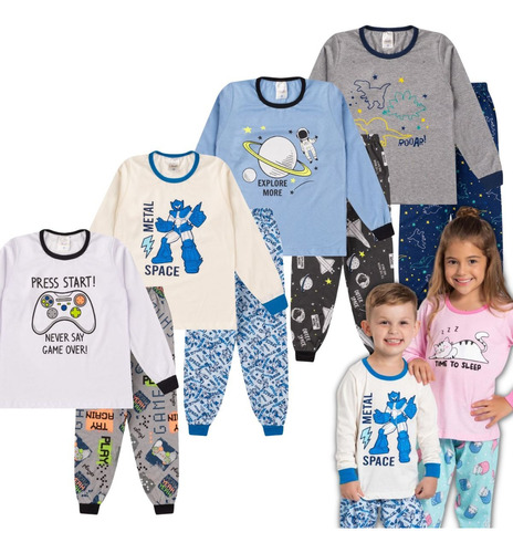 Lote 4 Conjuntos Pijama Infantil Menino Inverno Manga Longa