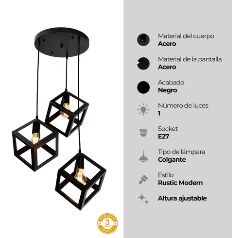 Imagen 6 de 8 de Lámpara Colgante Moderno Negro 40w E27 3 Luces