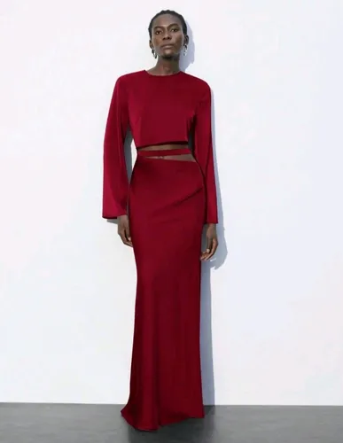 Vestido Largo Raso Mangas Largas Cut Out Vizenta Moda