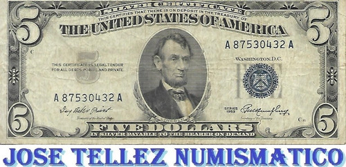 Ee Uu Antiguo Billete 5 Dolares 1953 Sello Azul Mb Palermo