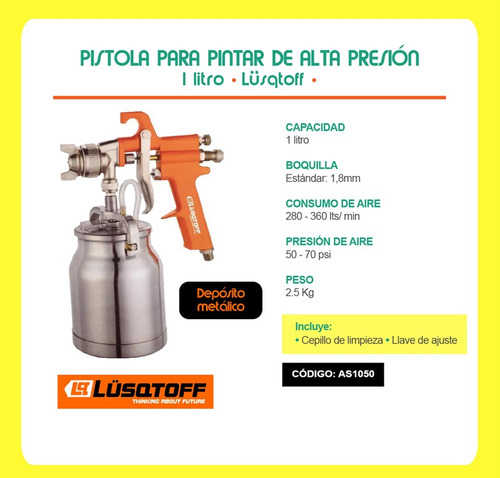 Pistola De Pintar Alta Presion Tacho Metalico 1lt Lusqtoff