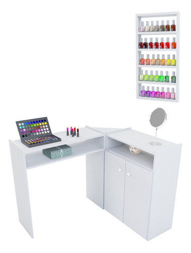 Prateleira para esmaltes de unhas FR Móveis Mesa Manicure Profissional + Expositor Porta Esmaltes com capacidade para 300 esmaltes - 5 compartimentos branco