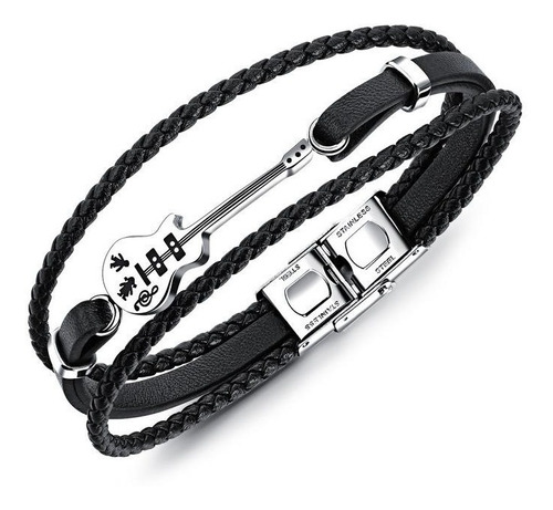 Elegante Pulsera Cuero Y Acero Inox Mini Guitarra Musica