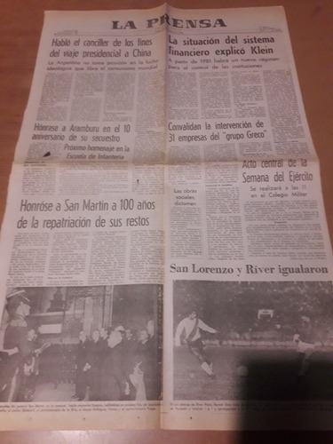 Tapa Diario La Prensa 29 05 1980 San Lorenzo River Aramburu 