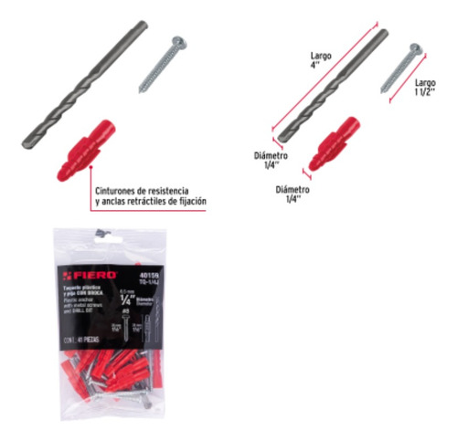 Kit 20 Taquete Plastico 1/4 Con Pijas #8 Y 1 Broca Fiero