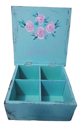 Caja De Te Madera 4 Divisiones Pintada A Mano