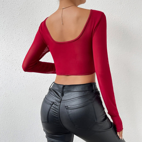 Rt Blusa Crop Top Campesina Corset Encaje Malla Manga Larga