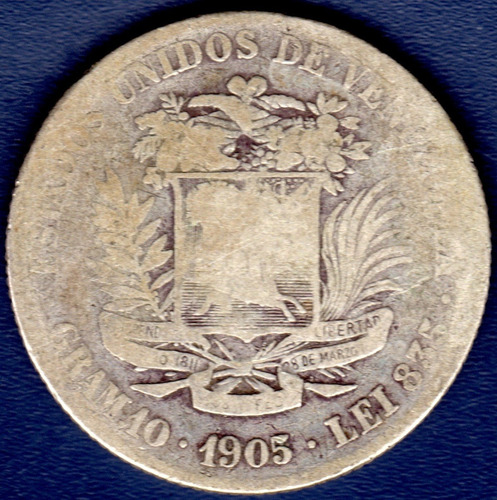 Moneda De Plata De 2 Bolívares Del Año 1905
