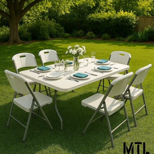 Mesa Mtl Plegable Rectangular 180 Cm Con 6 Sillas Plegables Para Interior Exterior Camping Eventos Jardin Patio Terrazas Diseño Resistente Portátil Facil De Guardar