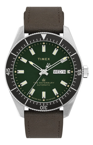Timex 1.575 in Waterbury Dive Automático, Plateado/verde,.