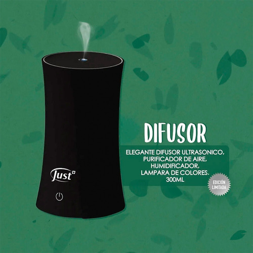 Imagen 4 de 4 de Difusor Just Aromaterapia 300ml Ionizador Negro Minimalista