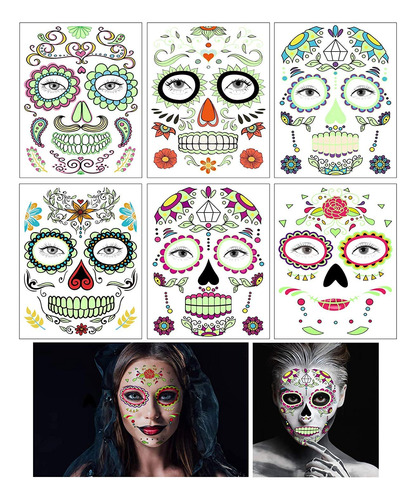 Tatuajes De Cara Del Día De Los Muertos, 6 Hojas De Tatuaj.