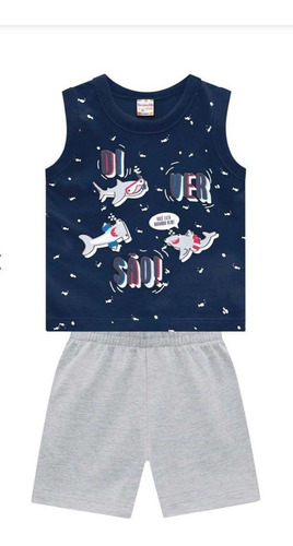 Imagem 1 de 1 de Conjunto Infantil Regata Bermuda Menino Tubarão Azul Algodão