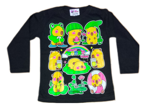 Remera Manga Larga Capibara Fluo Brilla En La Oscuridad Nena