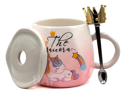 Taza Unicornio Cerámica Con Tapa Y Cuchara Corona 340ml Rosa Unicornio