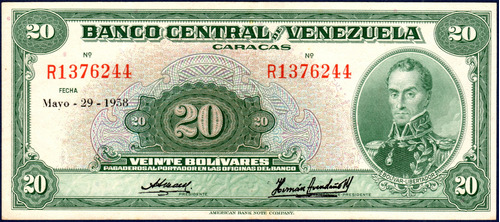 Billete De 20 Bolívares R7 Mayo 29 De 1958 Simón Bolívar