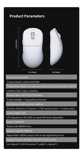 Interruptor De Ratón Inalámbrico Aj199 Max Paw3395 51g 26k Para Jugadores, Color Blanco Blanco