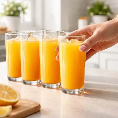 Mão servindo suco de laranja em um dos seis copos de vidro sobre uma bancada