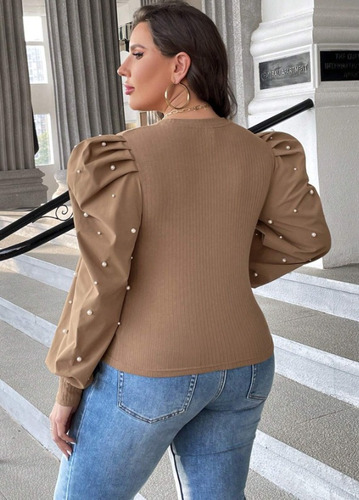 Remera Blusa Con Mangas Con Perlas Plus Size