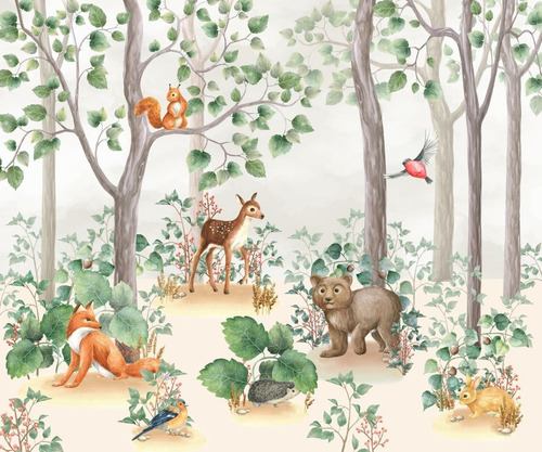Imagem 2 de 5 de Papel De Parede Animais Da Floresta Quarto Bebê Wt-11 - M²