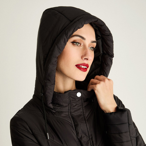 Parka Larga Con Cierre Frontal Y Gorro Negro Mujer Moda Invi