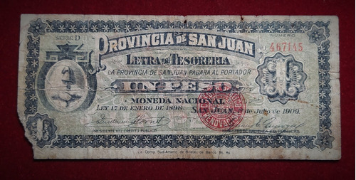 Billete 1 Peso Provincia De San Juan 1909 