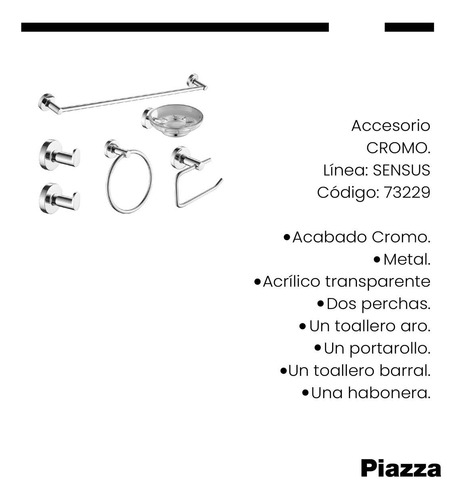 Imagen 2 de 6 de Accesorios Baño Kit Juego Piazza Sensus 6 Piezas Acero Inox