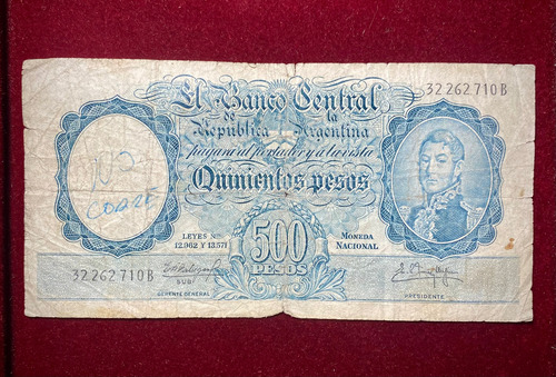 Billete 500 Pesos San Martin Joven 1961 Bottero 2109 (Usado)