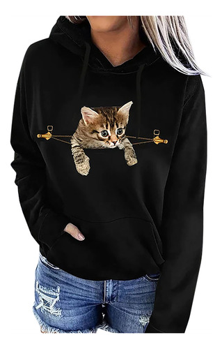 Sudadera Con Estampado De Gatos Para Mujer, Manga Larga, Con