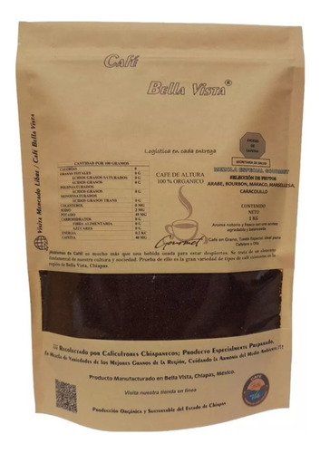 Café  Chiapas 100% Caturra Grano Tostado Tipo Europeo 1/2 Kg