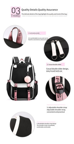 Mxg Mochila Escolar Lona Puerto Usb Negro Rosa Bolsa Grande 2023