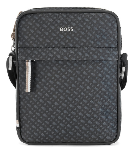 Bolsa Messenger em tecido italiano com iniciais impressas, acabamento em hardware, cor cinza claro, cor preta, alça de ombro, cor preta, design de tecido, logotipo