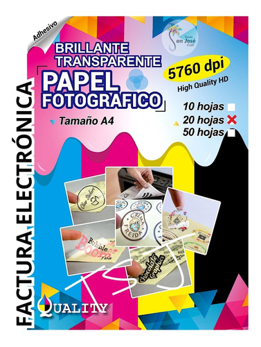 Papel  Adhesivo Transparente Pet Impresoras Inkjet A4 X 20h