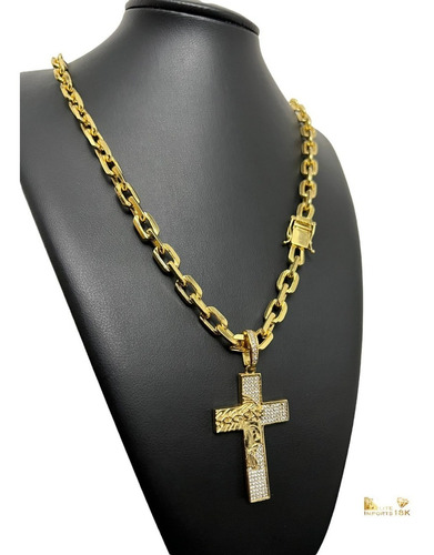 Cordão Luxo 8mm Cadeado Banhado A Ouro + Pingente Cruz Jesus