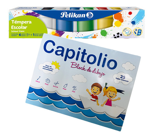 Kit Temperas Escolares Clásicas Pelikan 6 Frasco Block Hojas